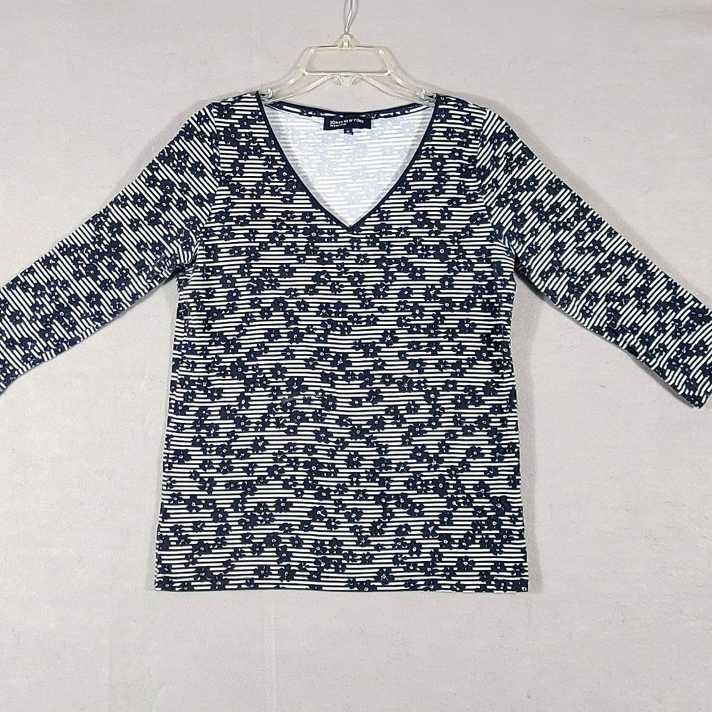 Jones New York Signature Navy White Floral Shirt Top Womens Size Medium Casual